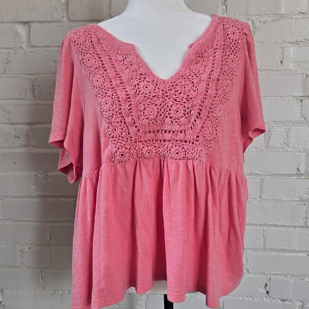 ​Lucky Brand Crochet V-Neck Pink Babydoll Top┃Boho Cottagecore Flutter Sleeve